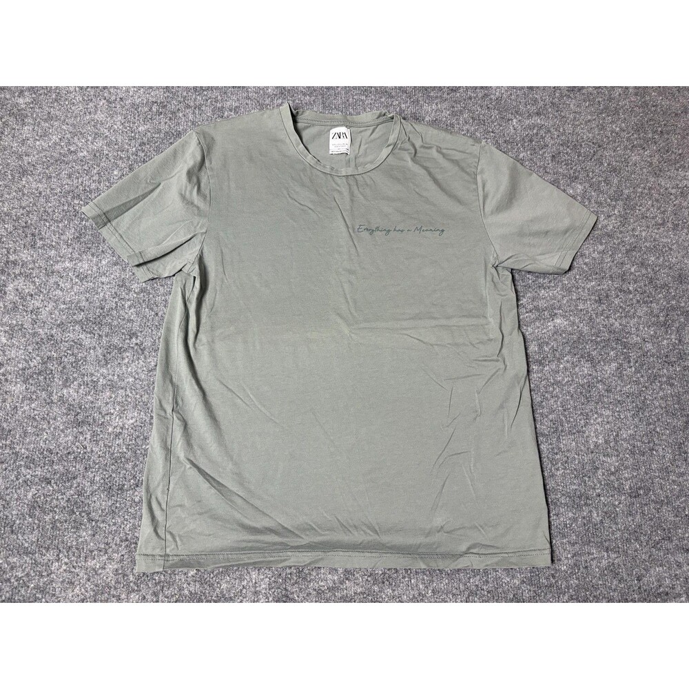 Zara Shirt Mens L Green Short Sleeve Crew Neck Embroidered Mercerized Tee Turkey